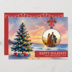 Custom Modern Watercolor Beach Christmas Ornament Holiday Card