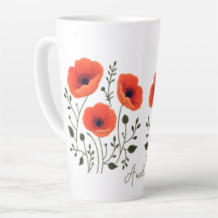 Custom Modern Watercolor Coral Poppies Latte Mug