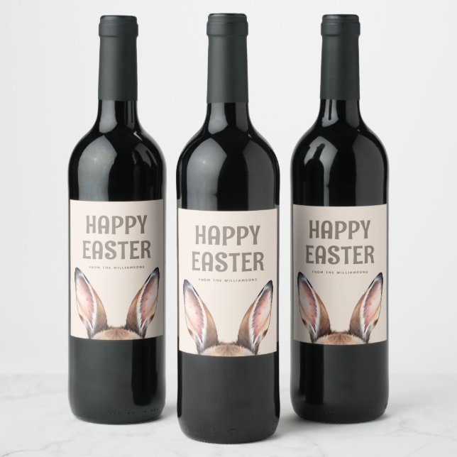 Custom Modern Watercolor Cute Easter Bunny Ears Wine Label (Bottles)