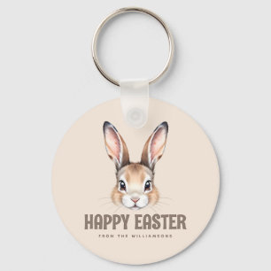 Custom Modern Watercolor Cute Easter Bunny Neutral Key Ring