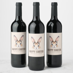 Custom Modern Watercolor Cute Easter Bunny Neutral Wine Label