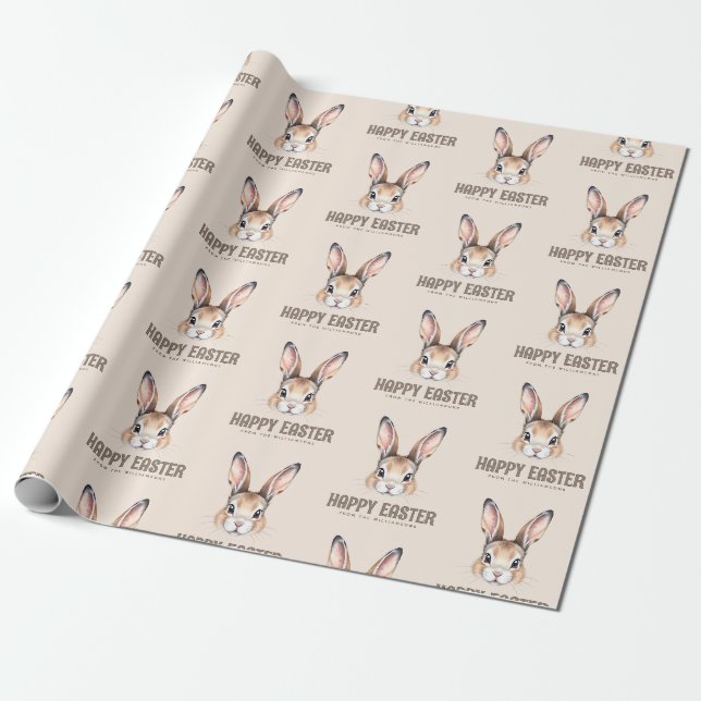 Custom Modern Watercolor Cute Easter Bunny Neutral Wrapping Paper (Unrolled)
