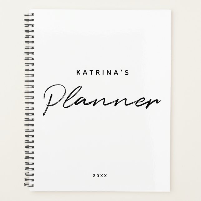 Custom Modern White Black Minimalist Script Planner (Front)