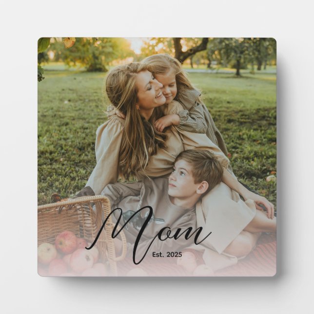 Custom Mom Est. Modern Script Soft Overlay Photo Plaque (Front)
