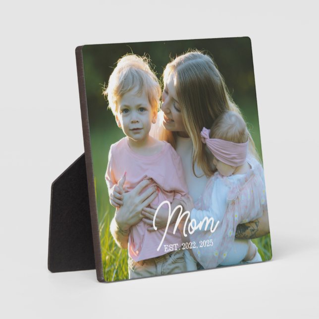 Custom Mom Established Modern Script Photo Plaque (Front)