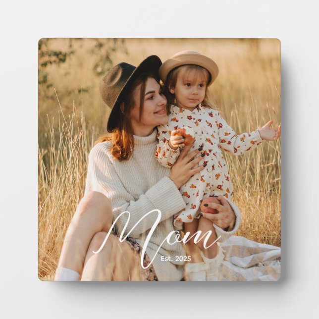 Custom Mom Established Modern Script Photo Plaque (Front)
