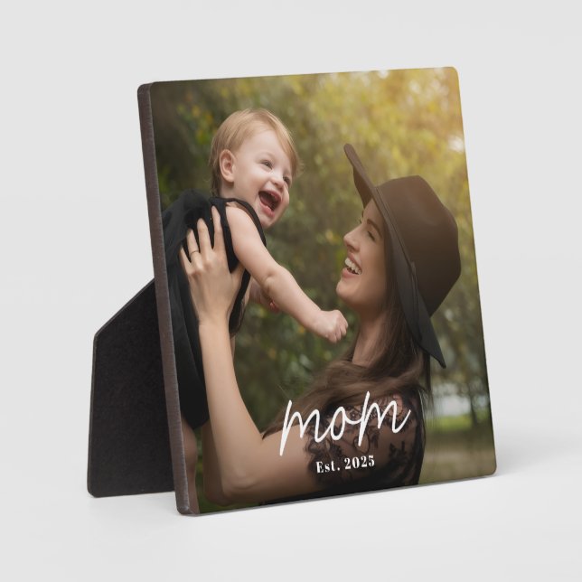 Custom Mom Established Modern Script Photo Plaque (Front)