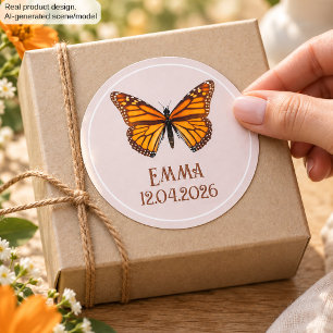 Custom Monarch Butterfly Name Date Art Classic Round Sticker
