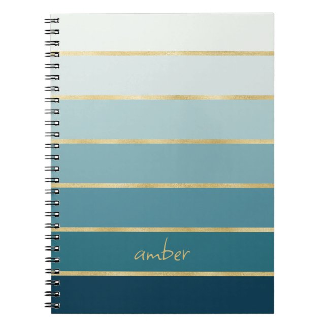 Custom Monochromatic Gradient Teal Gold Stripes Notebook (Front)