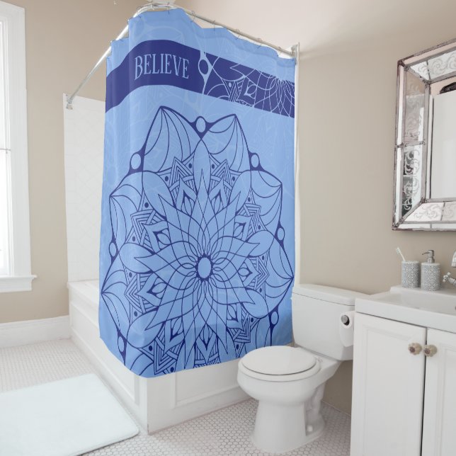 Custom Monochrome Blue Mandala Shower Curtain (In Situ)