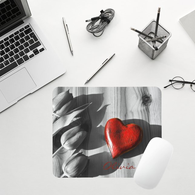 Custom Monochrome Tulips Red Heart Valentine's Day Mouse Pad (Creator Uploaded)
