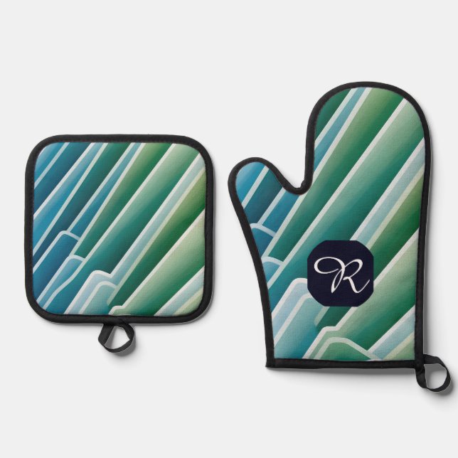 Custom Monogram Abstract Blue Green  Oven Mitt & Pot Holder Set (Front)