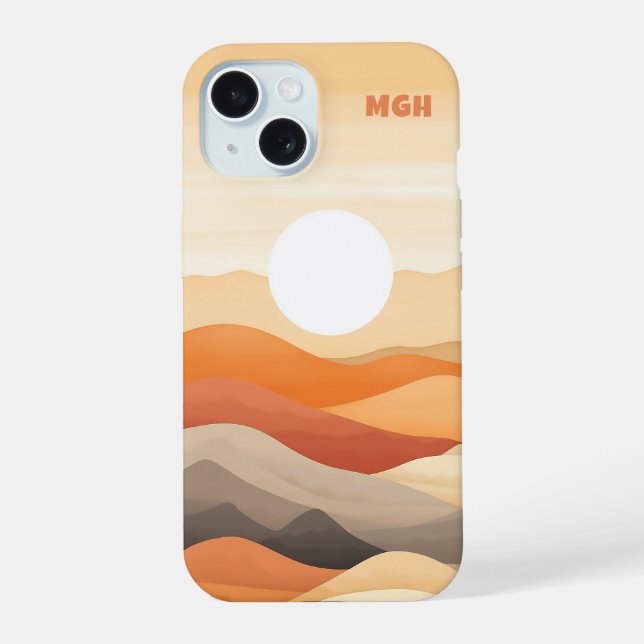 Custom Monogram Abstract Landscape Illustration iPhone 15 Case (Back)