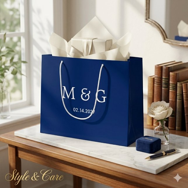 Custom Monogram and Date Symbol of Love Navy Large Gift Bag (Custom Monogram and Date Symbol of Love Navy Large Gift Bag)