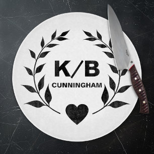 Custom Monogram and Surname Laurels and Heart Cutting Board
