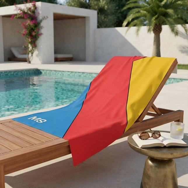 Custom Monogram Bauhaus Modern Art Red & Blue Beach Towel (Creator Uploaded)