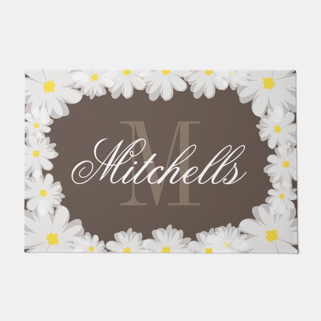 Custom monogram beige daisy flower floral door mat (Front)