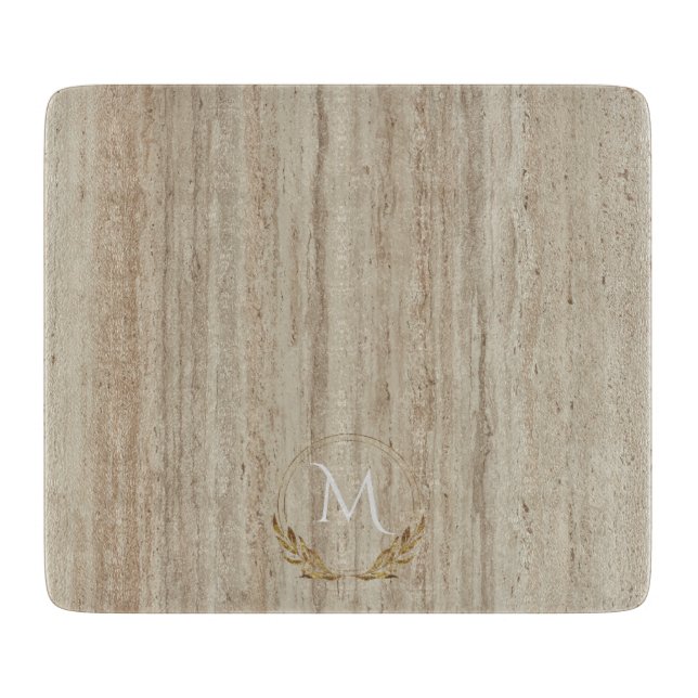 Custom Monogram Beige Travertine Marble Stone Cutting Board (Front)