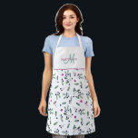 Custom Monogram, Berries and Greenery Pattern Apron<br><div class="desc">Add your own initial and name and make this beautiful apron your very own! Blueberries and greenery pattern in magenta, purple and green tones. Top area in white with monogram section in white with your initial in green hand written Script and name in magenta block typography. Magenta stripe joining both...</div>