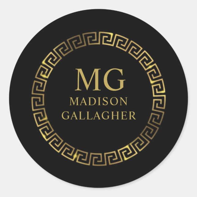 Custom Monogram Black and Gold Premium Classic Round Sticker (Front)