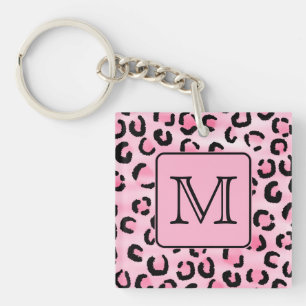 Custom Monogram. Black and Pink Leopard Print. Key Ring
