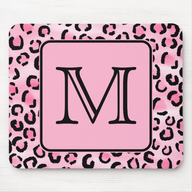 Custom Monogram. Black and Pink Leopard Print. Mouse Pad (Front)