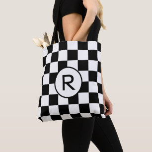 Custom Monogram Black and White Chequered Pattern Tote Bag