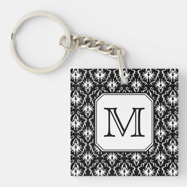 Custom Monogram. Black and White Damask Pattern. Key Ring (Front)