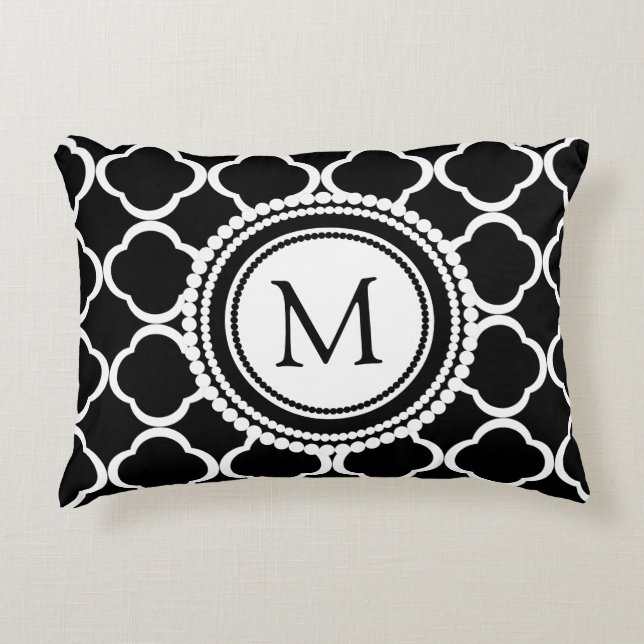 Custom Monogram Black And White Floral Quatrefoil Decorative Cushion (Front)