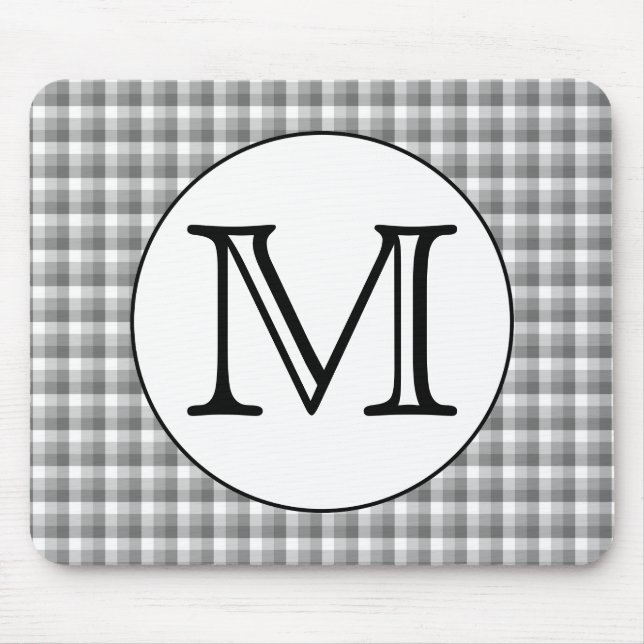 Custom Monogram. Black and White with Grey Check. Mouse Pad (Front)