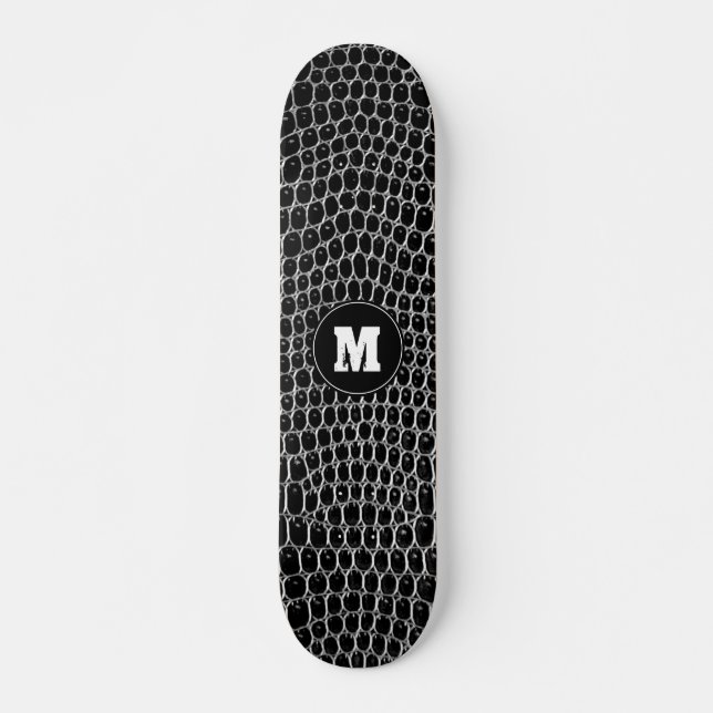 Custom Monogram Black Faux Crocodile Skin Skate Skateboard (Front)