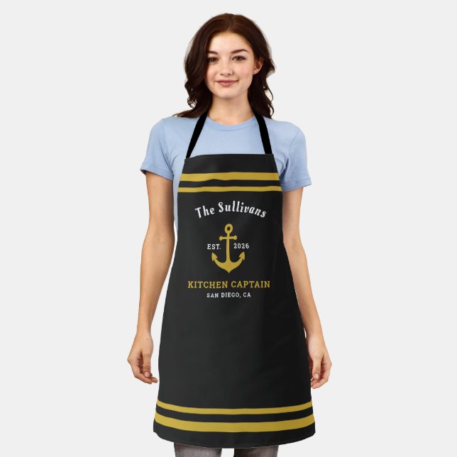Custom Monogram Black Gold Kitchen Captain Apron (Worn)