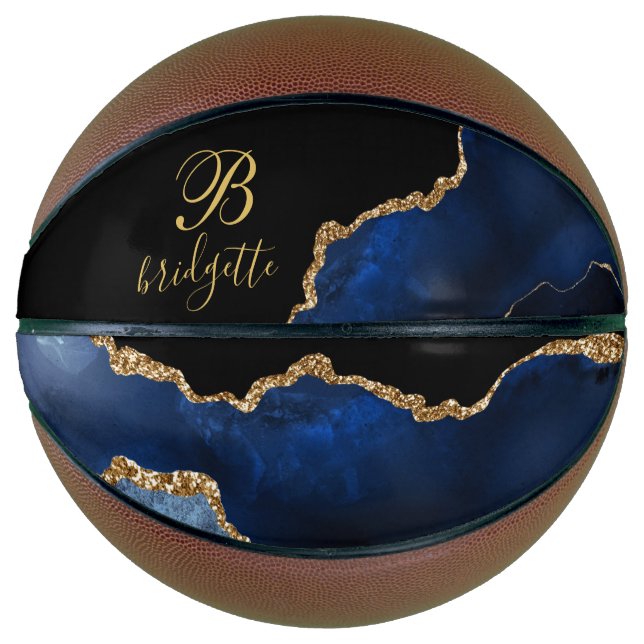 Custom Monogram Black Gold Navy Agate Geode  Basketball (Front)