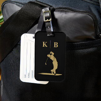 Custom Monogram Black Gold Personalised Golf Luggage Tag