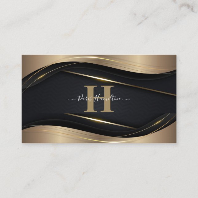 Custom Monogram Black & Gold Professional Business Card (Front)