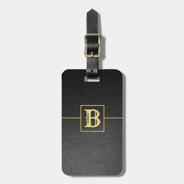 Custom monogram black pebbled faux leather luggage tag (Front Vertical)