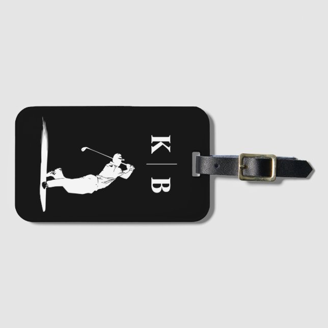 Custom Monogram Black White Personalised Golf Luggage Tag (Front Horizontal)