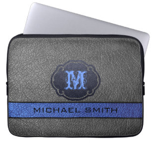 Custom Monogram Blue and Black Leather Laptop Sleeve