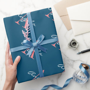 Custom monogram blue and pink chic Christmas Wrapping Paper
