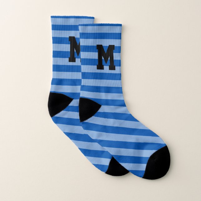 Custom monogram blue bold stripe pattern socks (Pair)