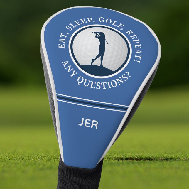 Custom Monogram Blue Eat Sleep Golf Repeat  Head Cover (Personalized Modern Golf Saying Monogrammed Blue Golf Head Cover)