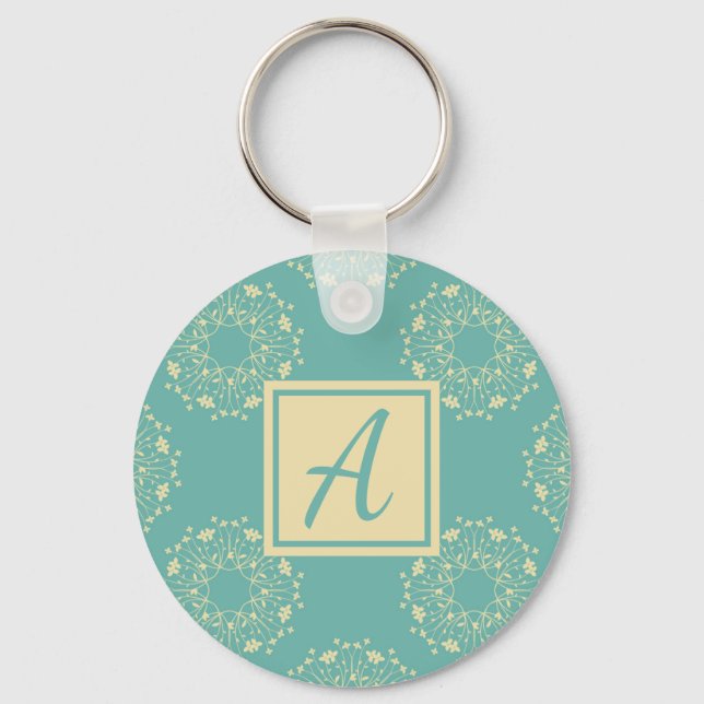 Custom Monogram Blue Floral Pattern Key Ring (Front)