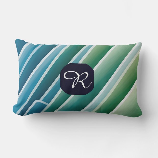Custom Monogram Blue Green Abstract Lumbar Pillow (Front)