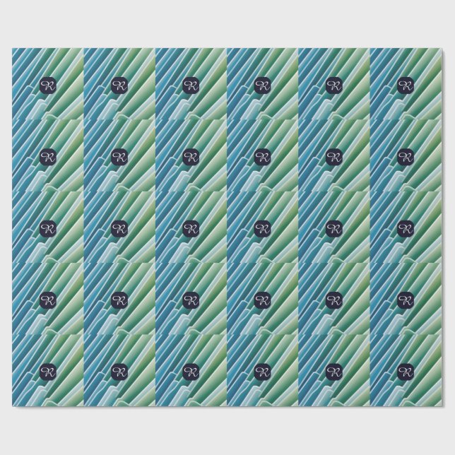 Custom Monogram Blue Green Abstract Wrapping Paper (Flat)