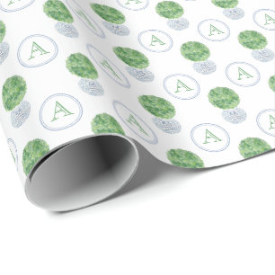 Custom Monogram Blue Green Preppy Boxwood Wrapping Paper