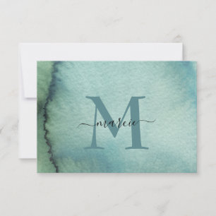 Custom Monogram Blue Green Watercolor Thank You Card