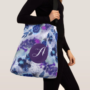 Custom Monogram Blue Purple Flowers Pattern Crossbody Bag