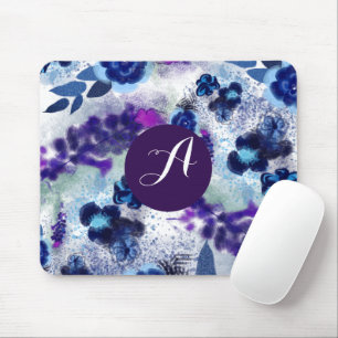 Custom Monogram Blue Purple Flowers Pattern Mouse Pad
