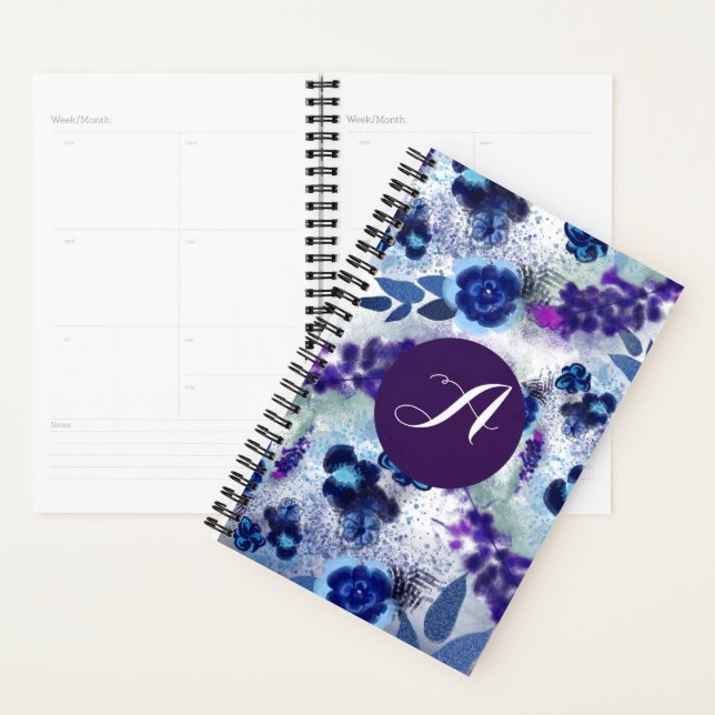 Custom Monogram Blue Purple Flowers Pattern Planner (Display)