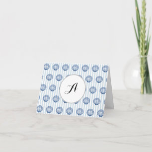 Custom Monogram Blue Seashell Stripe Coastal Thank You Card